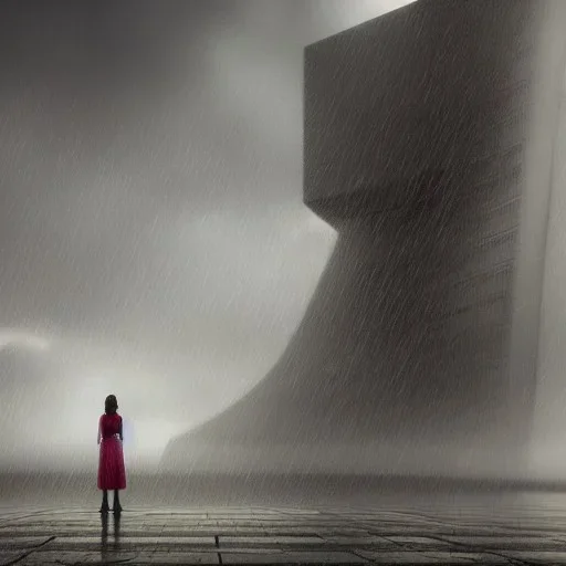 A princess standing. Epic scale. Heavy cold rain. Epic Thunderstorm. An engineer looking up. Futuristic scenary. Gray mist.