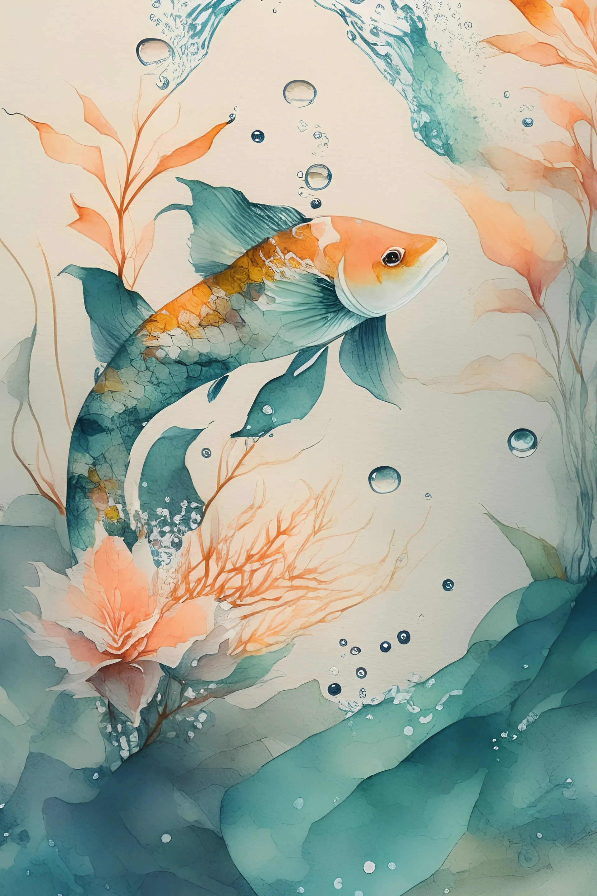 koi, sea,plant,underwater,watercolor ,pattern,4k