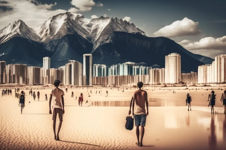 Modern city, people, mountains, sand