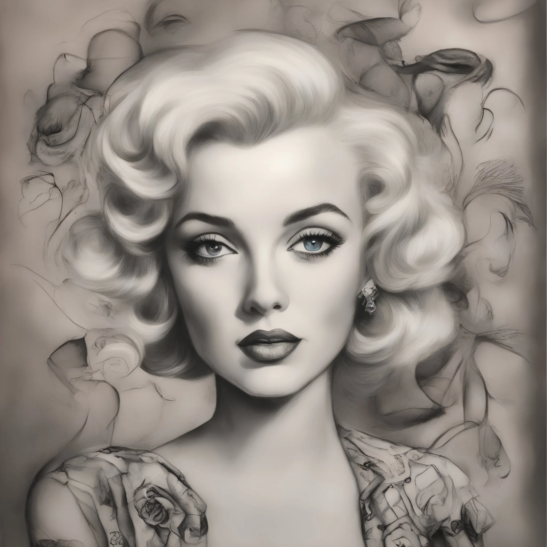 Postcard of marilyn monroe in the style of Margaret Keane, with doodles