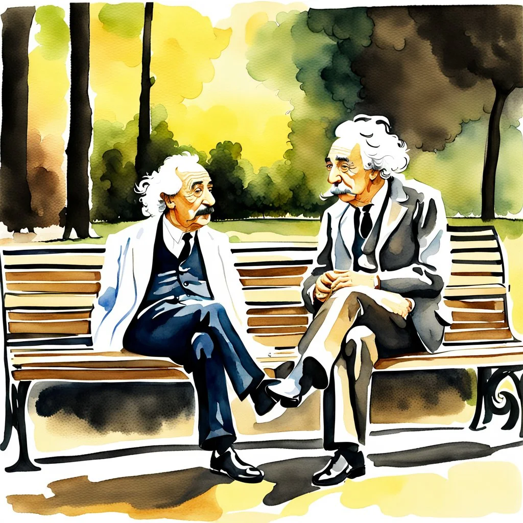 Watercolor painting of Salvador Dali and Albert Einstein sitting on a park bench and talking.