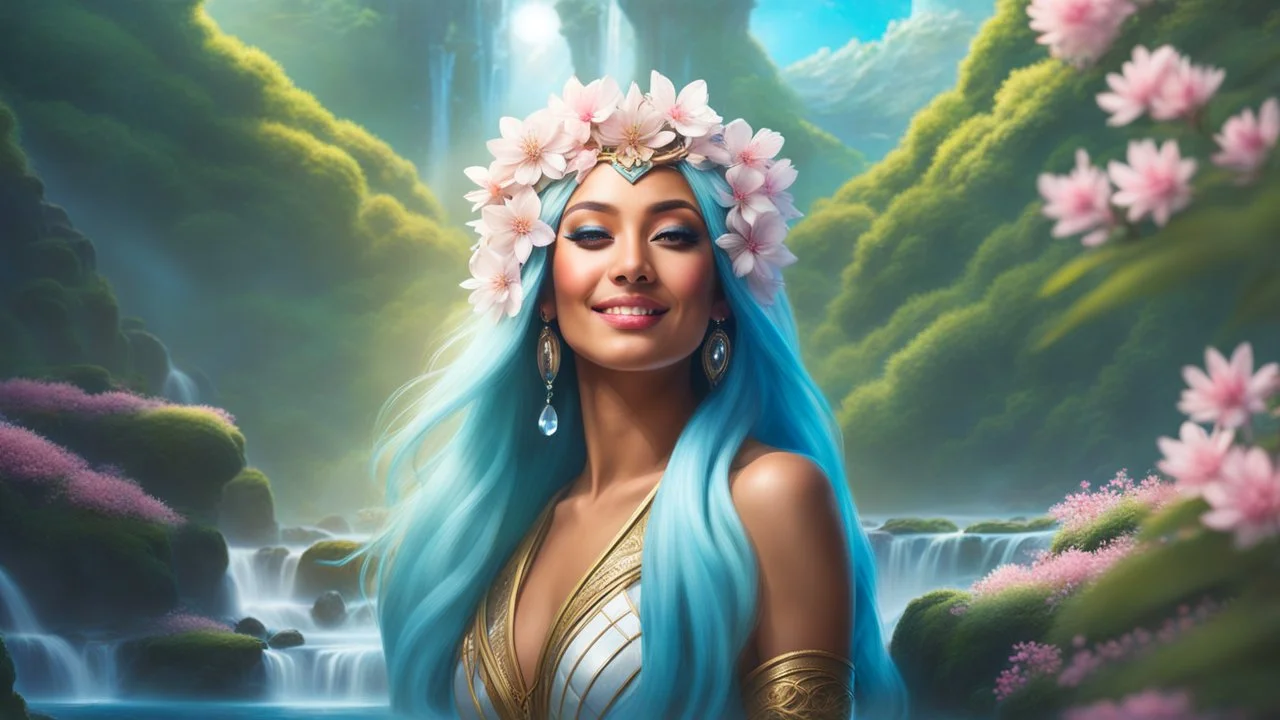 Photo realistic portrait of a gorgeous smiling skinny polynesian goddess with a golden dark shining skin, long smooth clear turquoise blue white hair, blue eyes, in a sci-fi outfit with luminous strikes blowing a kiss in a hill of flowers with sakura trees, a waterfall, a crystal palace, loads of mini flowers, moss, sun rays through the branches, particles in the air at spring