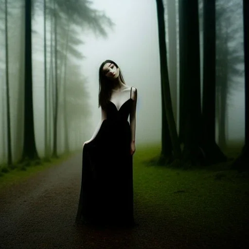 beautiful goddess , great body, long legs, beautiful clothes, long hair, beautiful face, in a gloomy forest, fog-covered air, darkness, eerie atmosphere, eerie music, dim moonlight, camera set to film noire, shallow depth of field, low saturation, high contrast