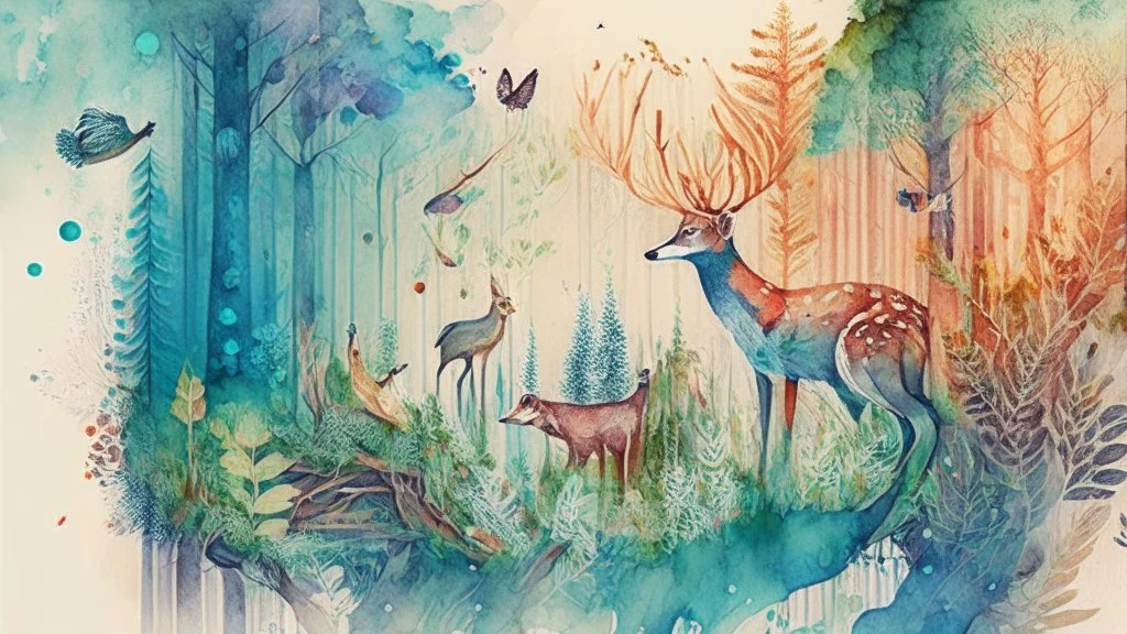 watercolor illustration, subject are forest animals, intricate details, environment is forest, simple and serene illustration, vivid colors.