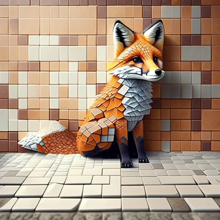 A cute fox that is smooth and appears to be made of tiles
