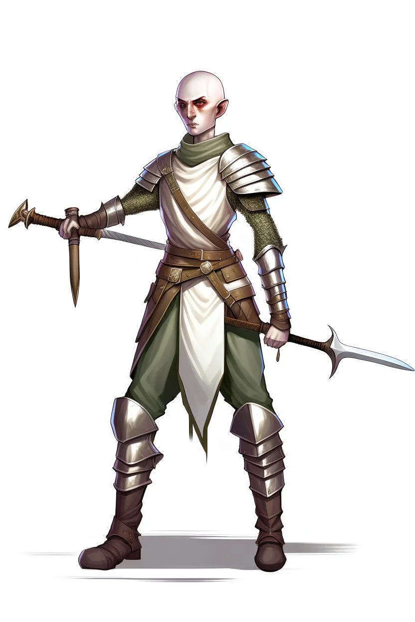 full length, friendly, tall 22-year old, shaved head, grey-eyed female cleric wearing scale mail wielding sickle