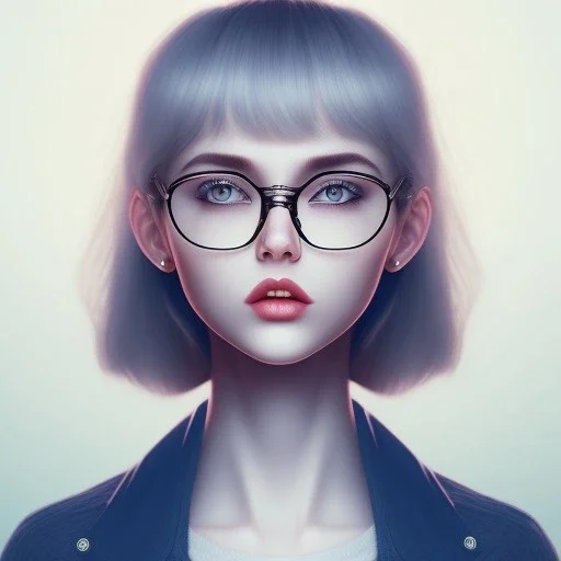 three Girl, short hair, glasses, sueter, darkblue tones,