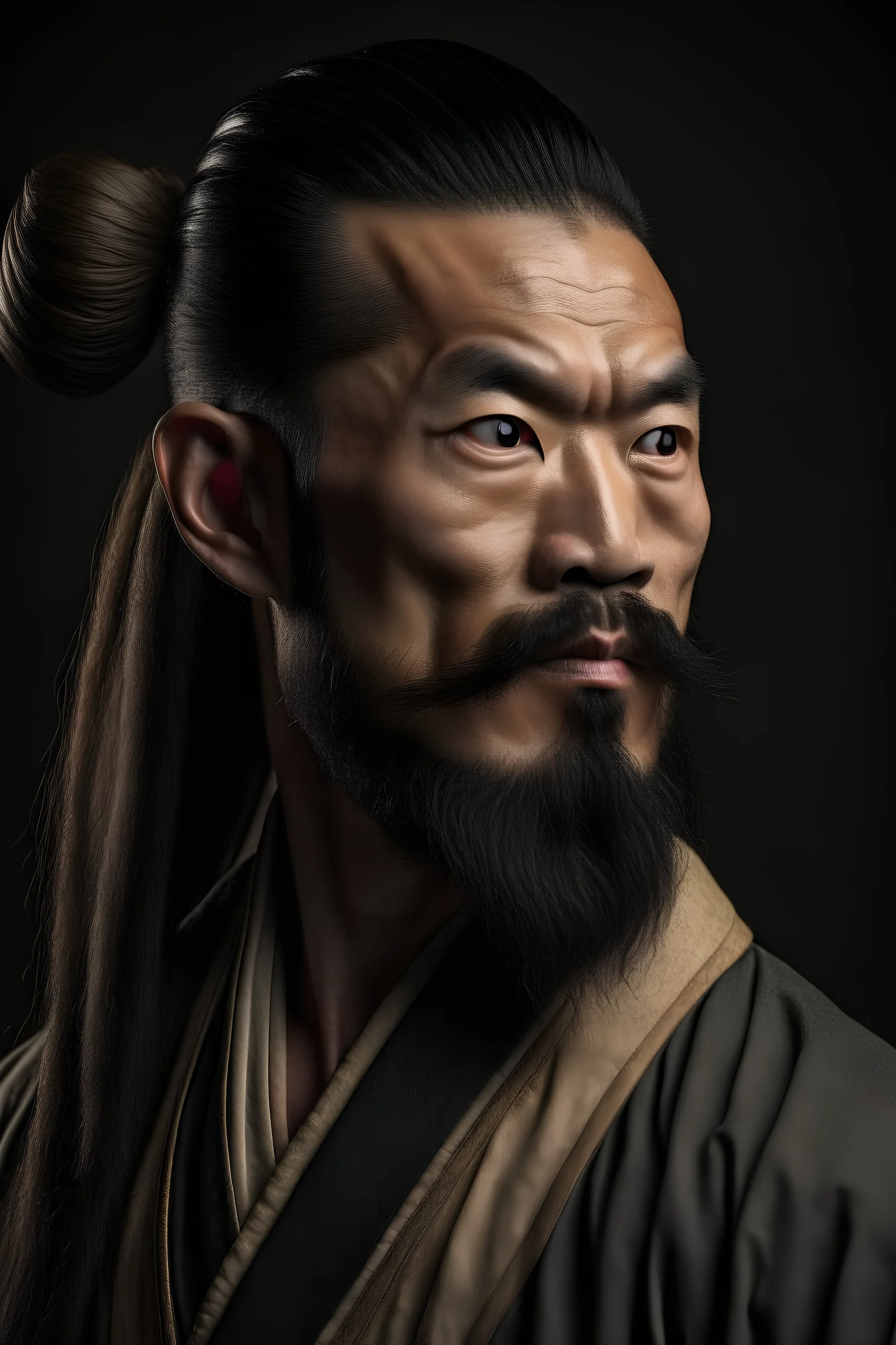 a realistic photo of an asian samurai man in his 30s with long hair tied in a bun and a big beard