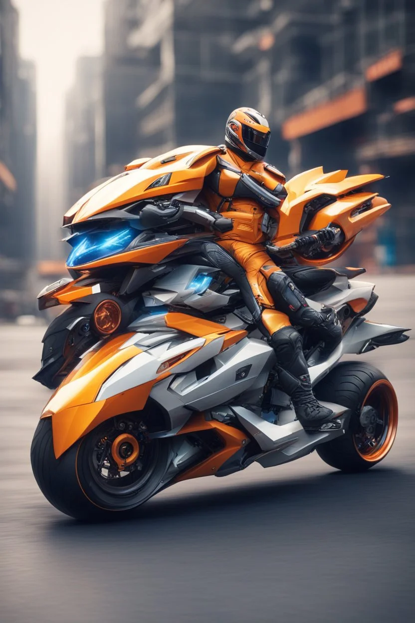 A combination of ultra-advanced car and crazy Max fighter, super sporty, with color and nano technology An advanced motorcycle with four wheels and a turbo jet in the back with rockets and machine guns