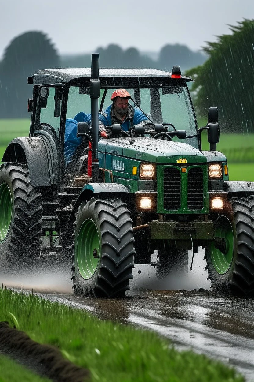 A farmer car driving a tractor in the rain.