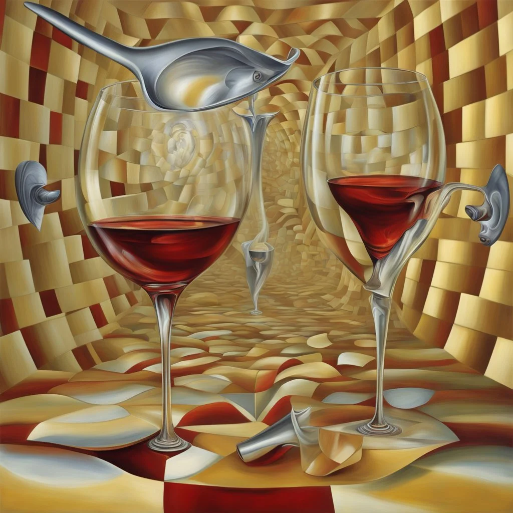 discord and rhyme wine glasses and flowing wine, op art neo surrealism, by Oleg Shuplyak, by Igor Morski, by optical illusion.