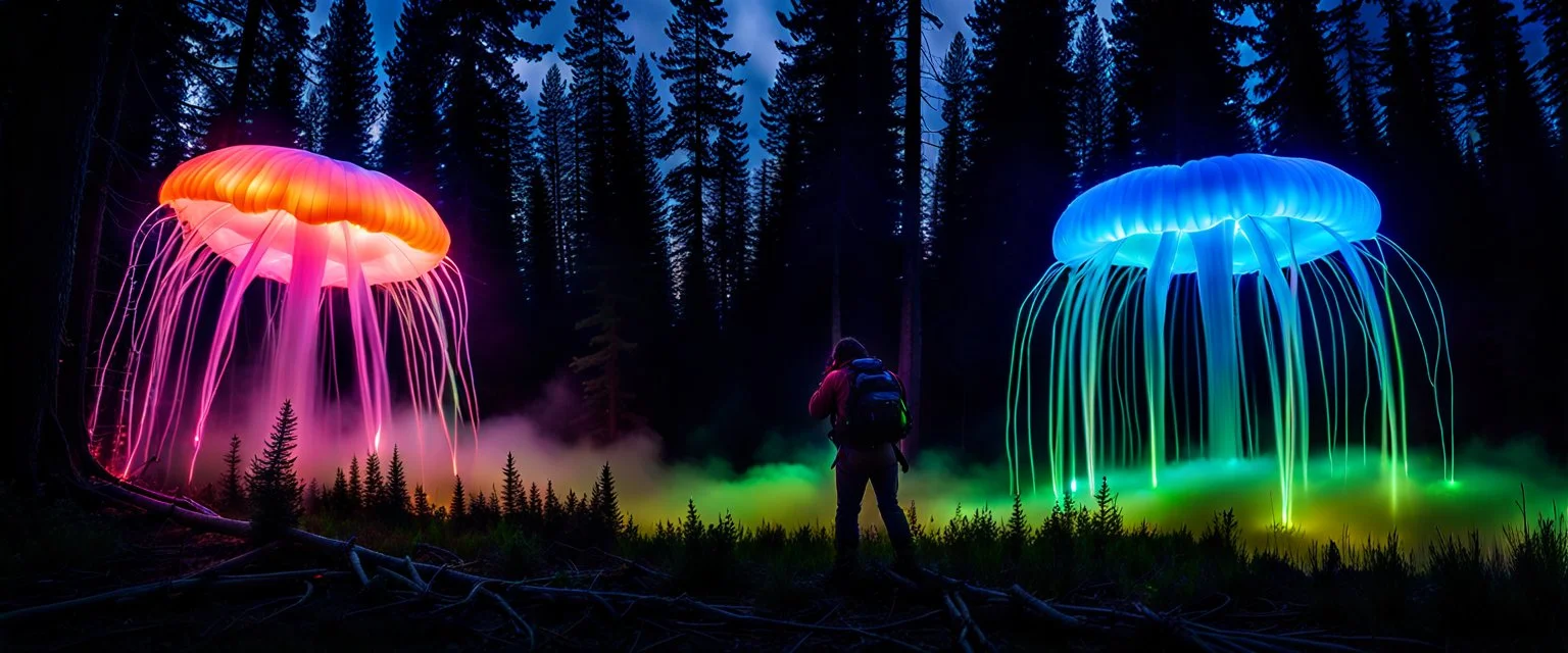 Bigfoot epidemiologist investigating, closeup, giant bio luminous Rainbow floating high JellyFish, light floating in a forest, mist, light trails, nighttime, long exposure, Treeline, Alberta, scientist, Dystopian, Hyper detailed, Realistic, Extreme depth of field, bokeh blur, Alberta all-natural, National Geographic, in the style of candid, imperfection, natural lighting, cinematic, Fuji Film, Anamorphic lens, 2040s, --ar 4:5 --w 150 --style ra