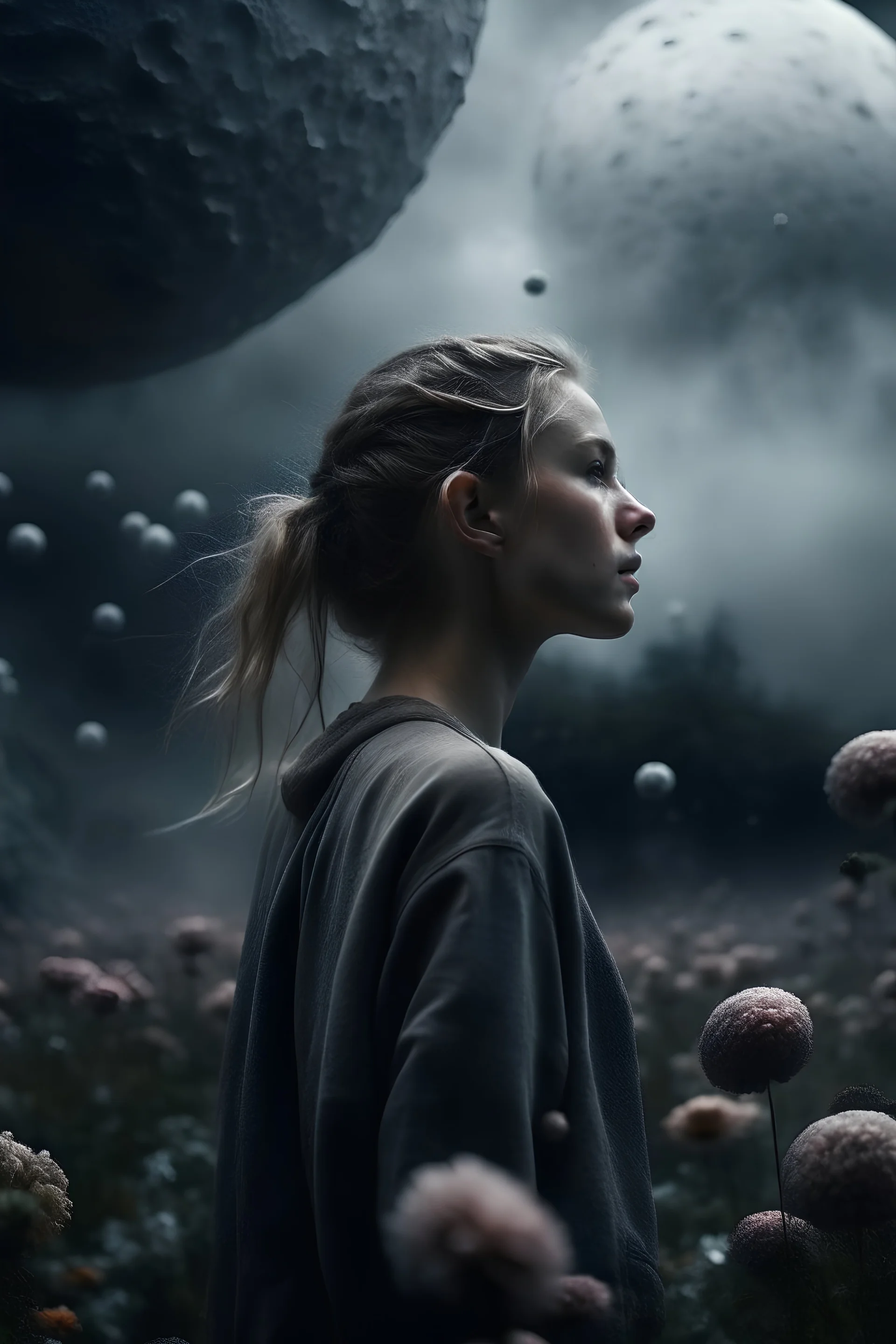 girl looking at the sky in the foreground, a rain of flowers falls on her, in the background you can see a huge gray planet, reference to the film Melancholy by Lars von Trier
