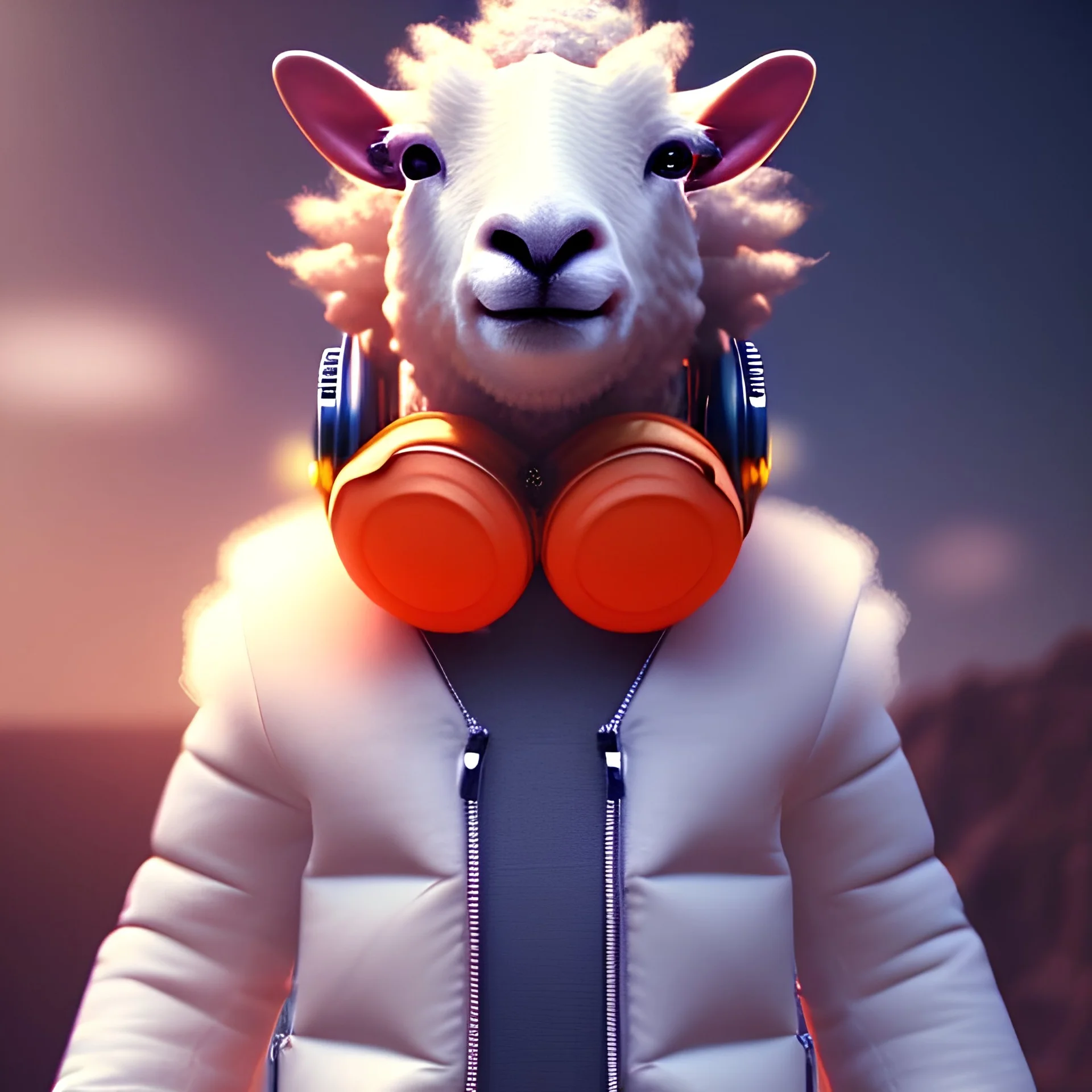 Sheep toddler, smile, steampunk headphone, sunglass, gangsta neckless, full body, orange puffer jacket, tokio background, dramatic lighting, hyper realistic, unreal engine 5, 16k