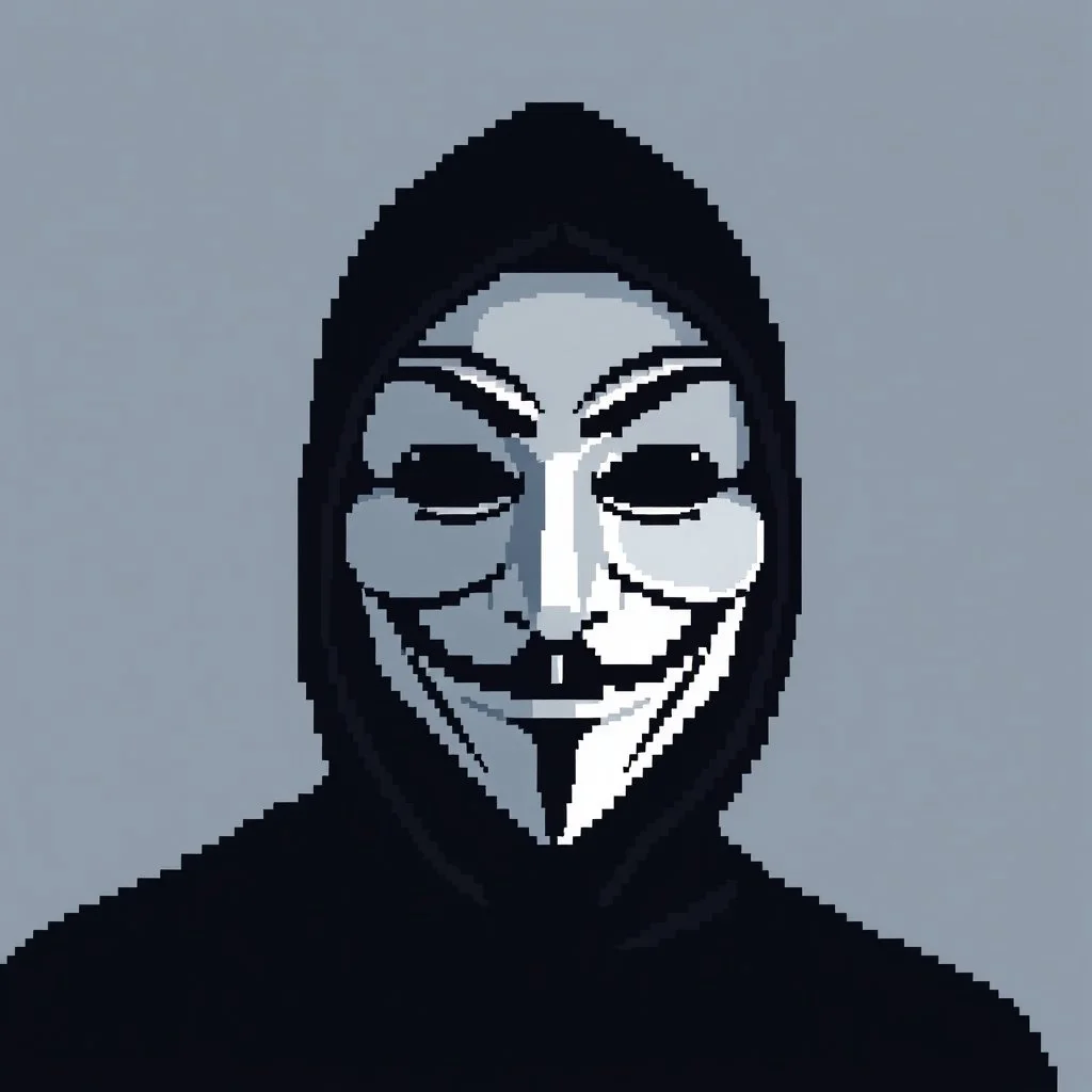 18 bit pixelart of a shadow figure with a white smooth wide smiling mask guy fawkes,