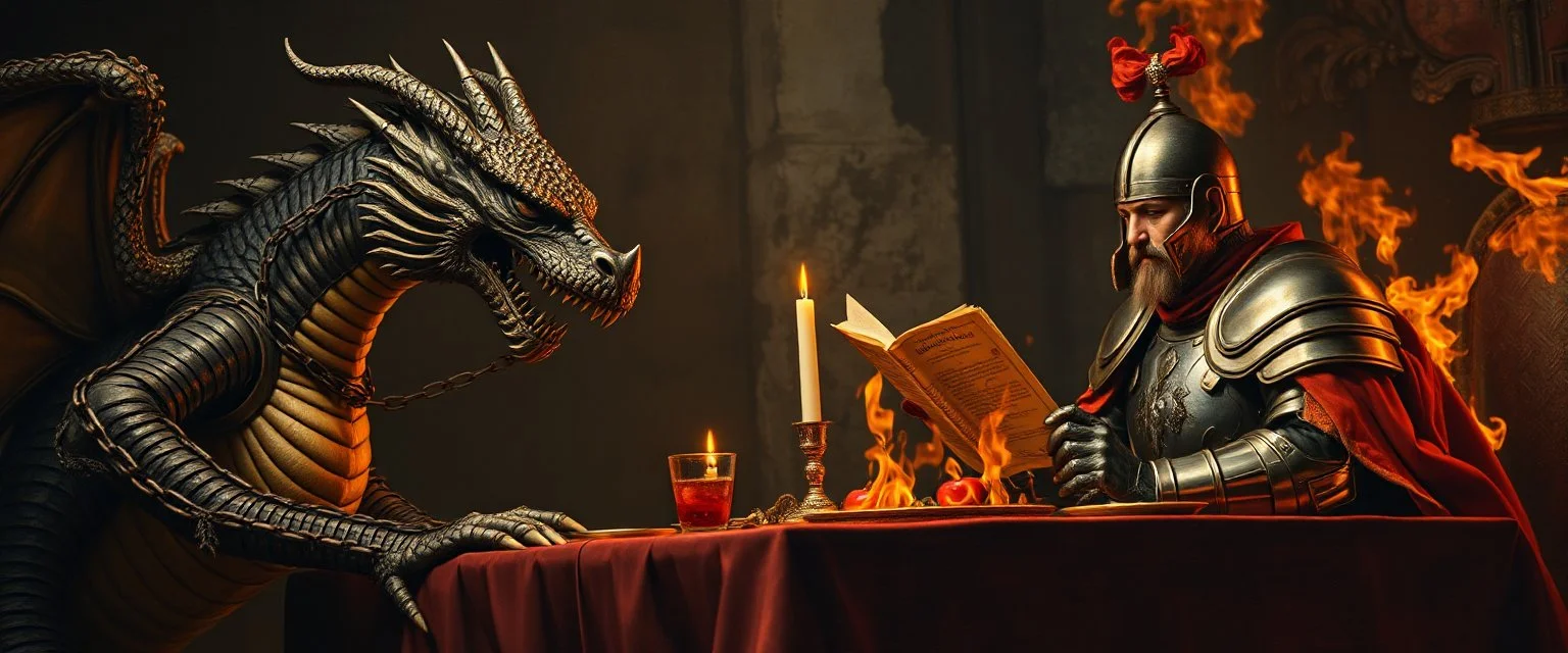 close up portrait painted by Rembrandt, dragon in chains and knights armor holding speech at burning dinner table