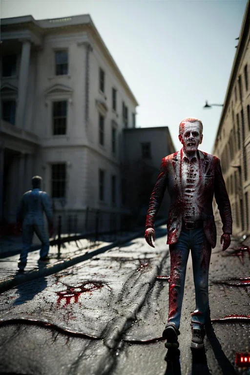 Ultra realistic image, joe biden zombie, zombie performance, blood, torn arm, night, walking twisted, waist up view, walking dead style, dark ambient, highly detailed, White House background, concept art, unreal engine 5, god rays, ray tracing, RTX, lumen lighting, ultra detail, volumetric lighting, 3d, finely drawn, high definition, high resolution.