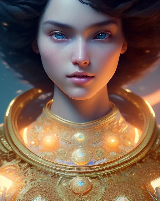 A small magic child, head and shoulders, 8k resolution concept art portrait by Greg Rutkowski, Artgerm, WLOP, Alphonse Mucha dynamic lighting hyperdetailed intricately detailed Splash art trending on Artstation triadic colors Unreal Engine 5 volumetric lighting Splash art fantasy"