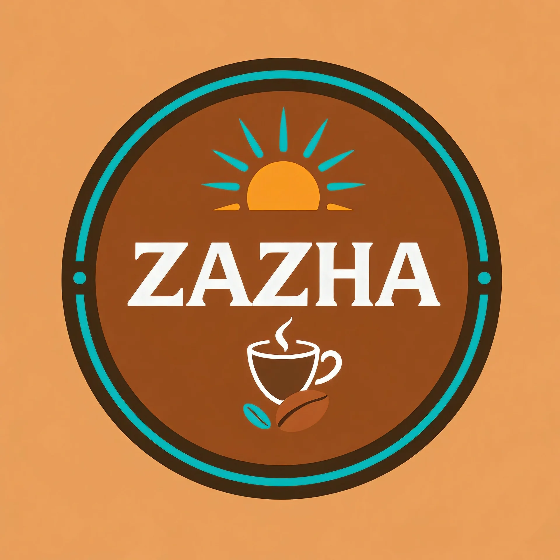 A circular logo with the name (ZAHA) designed for a classic cafe with the sun symbol and turquoise and indigo color and a coffee bean and a coffee cup at the bottom of the logo and a blue and black circle around the work