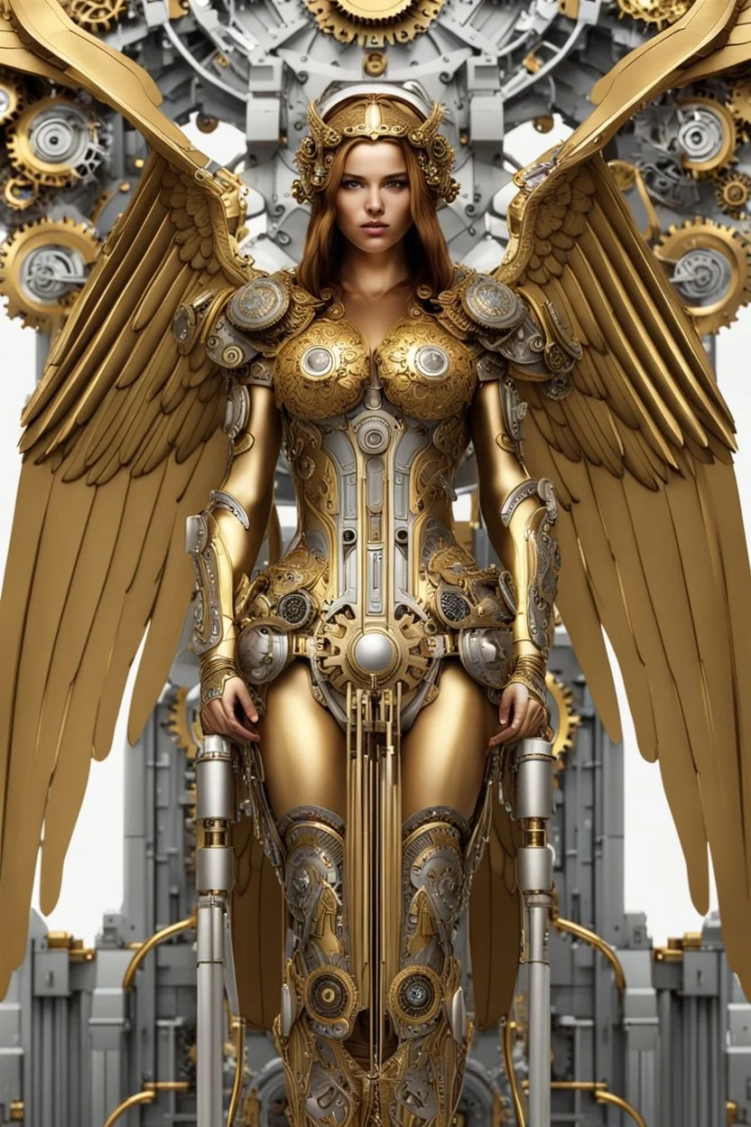 Beautiful Angel cyborg straddle wings, detailed, intricate, mechanical, gears cogs cables wires circuits, gold silver chrome copper