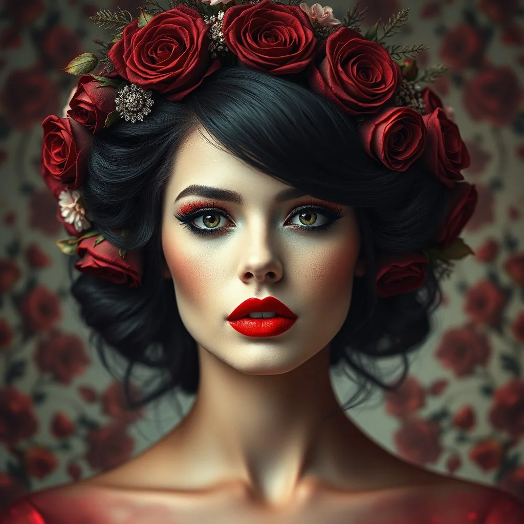 The focal point is a woman's face, adorned with dramatic makeup, particularly her vivid red lips. Her gaze is intense and captivating. The woman's hair is styled into an elaborate floral crown featuring deep red roses and other flowers, creating a halo-like effect around her head. This crown melds with her dark hair, which frames her face elegantly. What's particularly striking is the surreal, layered quality of the image. The woman's body seems to merge with or emerge from a background rich wit