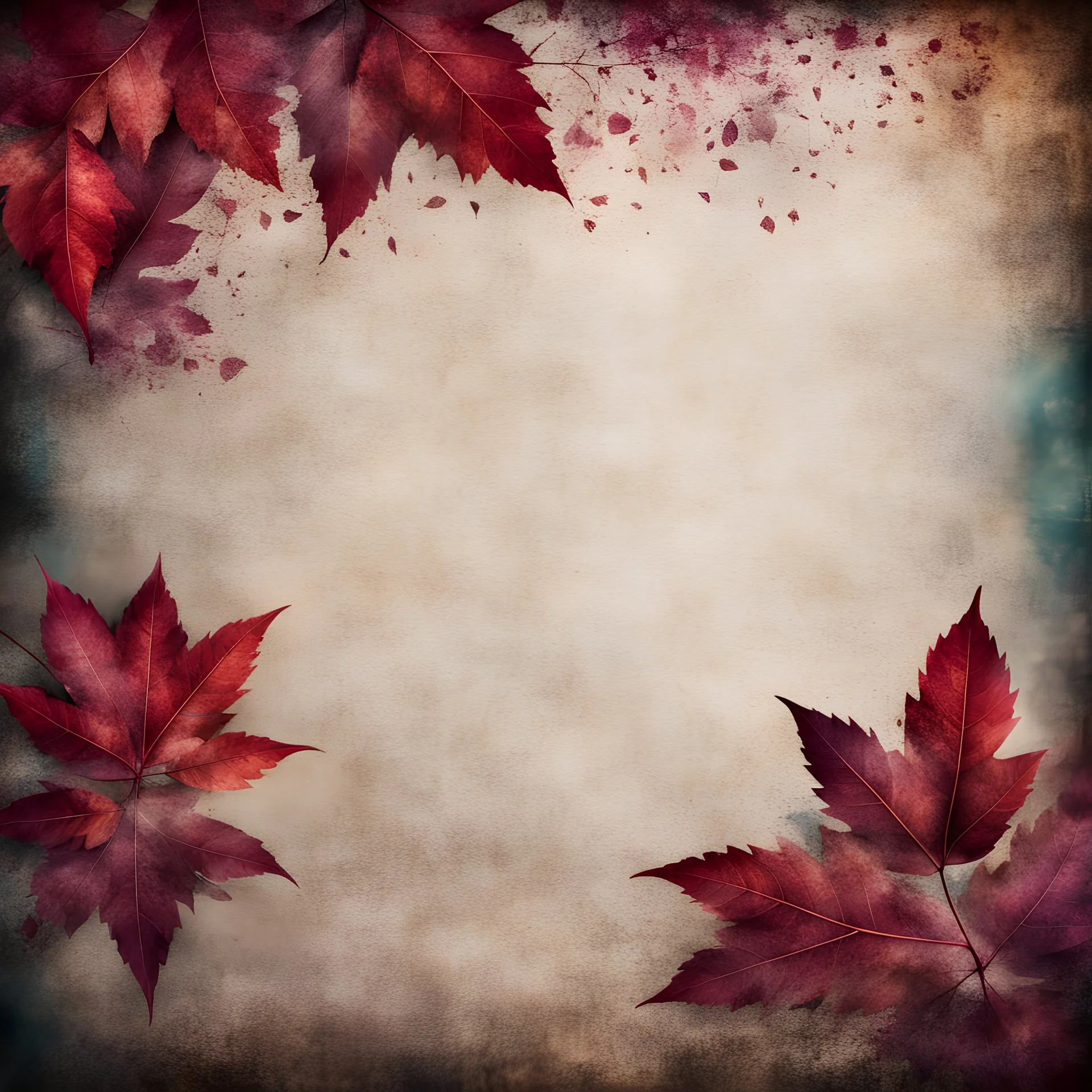 Hyper Realistic maroon leaves border & rainbow multicolor grungy rustic texture with vignette effect