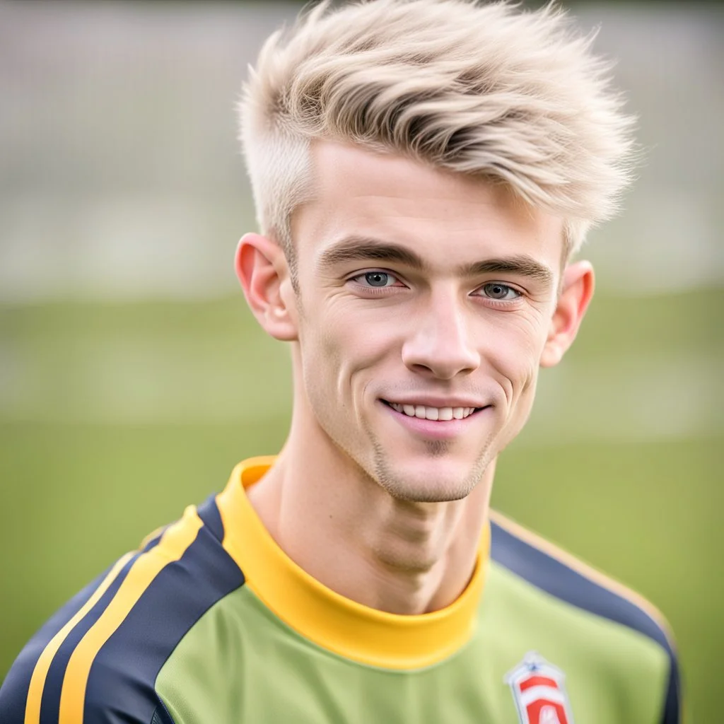 85mm DSLR color photography of a very detailed headshot fitting all of head and hair in frame. 18-year-old English soccer player, and with no facial hair and has no facial hair, has short length straight white hair with a small smile, grey background