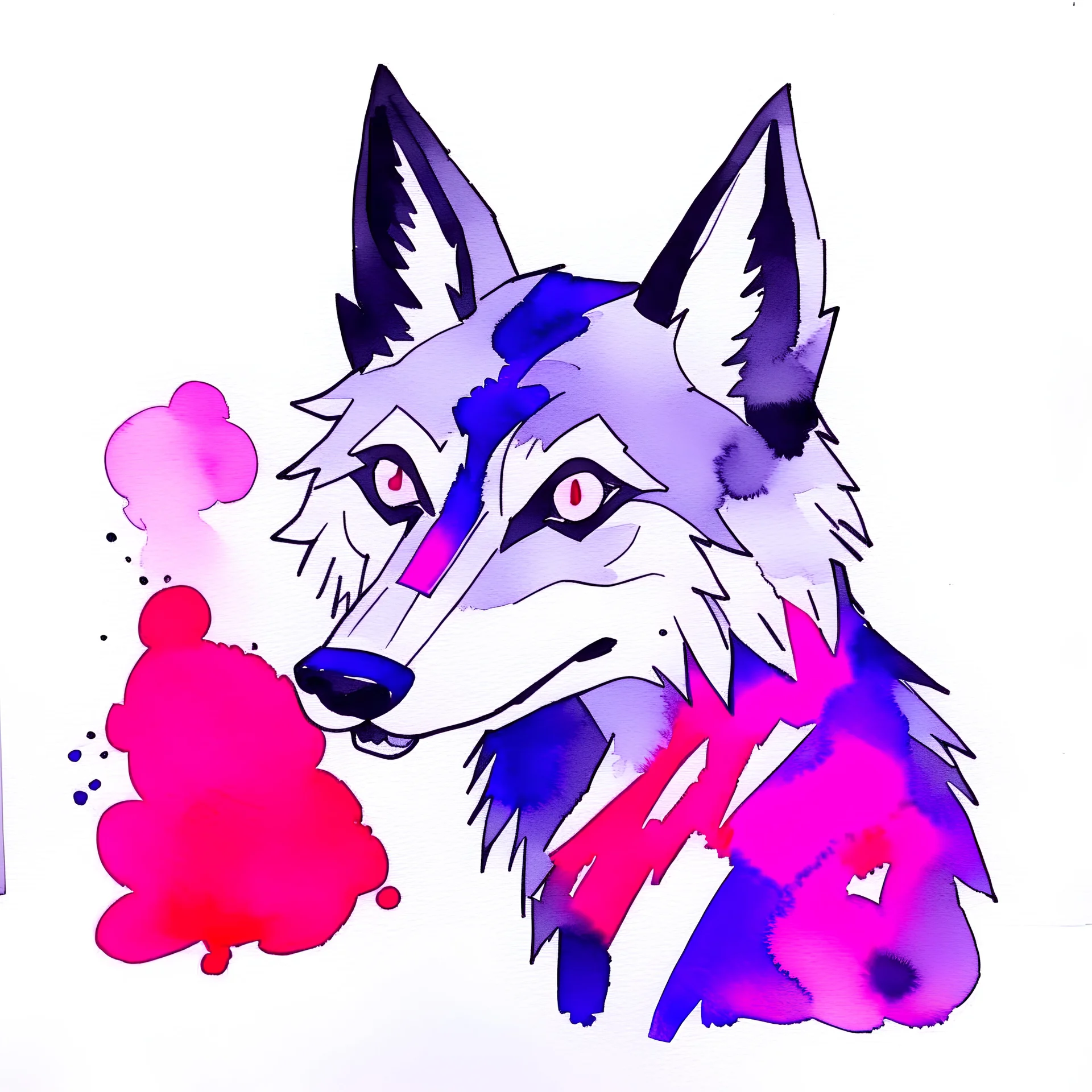 a simple watercolor painting in the style of a children's book of a wolf with red eyes slinking out of the shadows