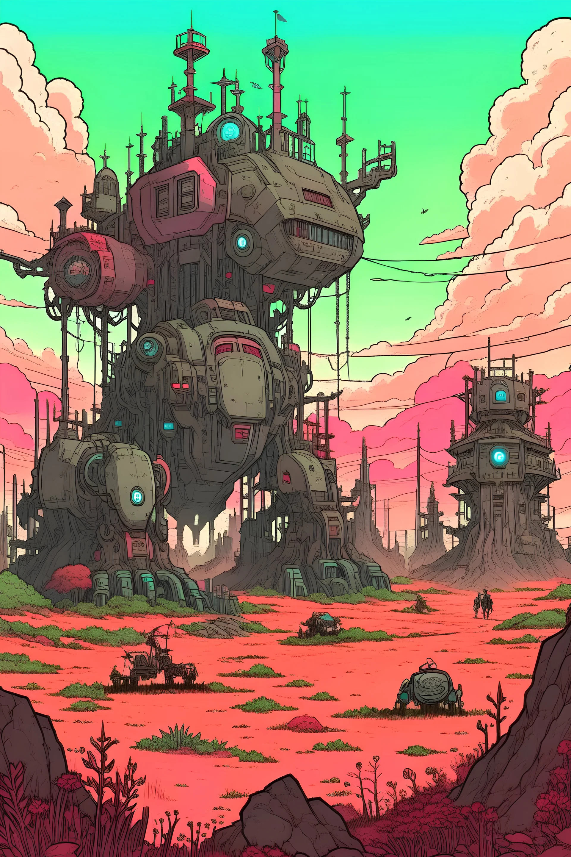 landscape of dead monsters and machines in an anime style