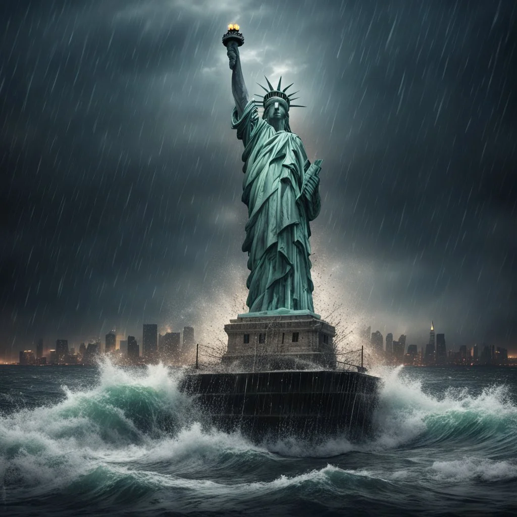 Hyper Realistic apocalyptic haunted view of broken statue of liberty at dark rainy night between the sea with big wave splashes