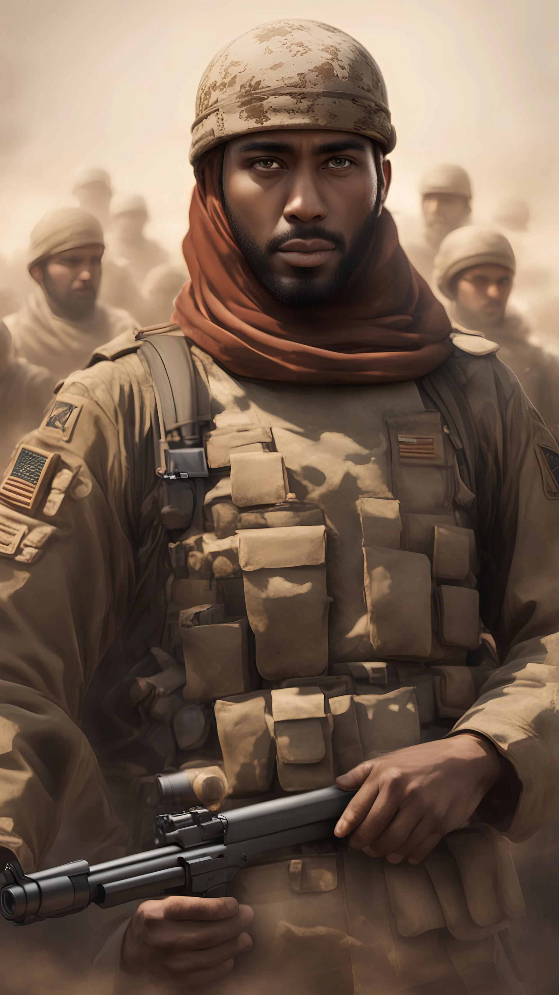 An AI-generated image of Muslim soldiers in a military formation, with their leader delivering an inspiring speech, embodying the dedication and determination that Muslim soldiers have been known for throughout history.