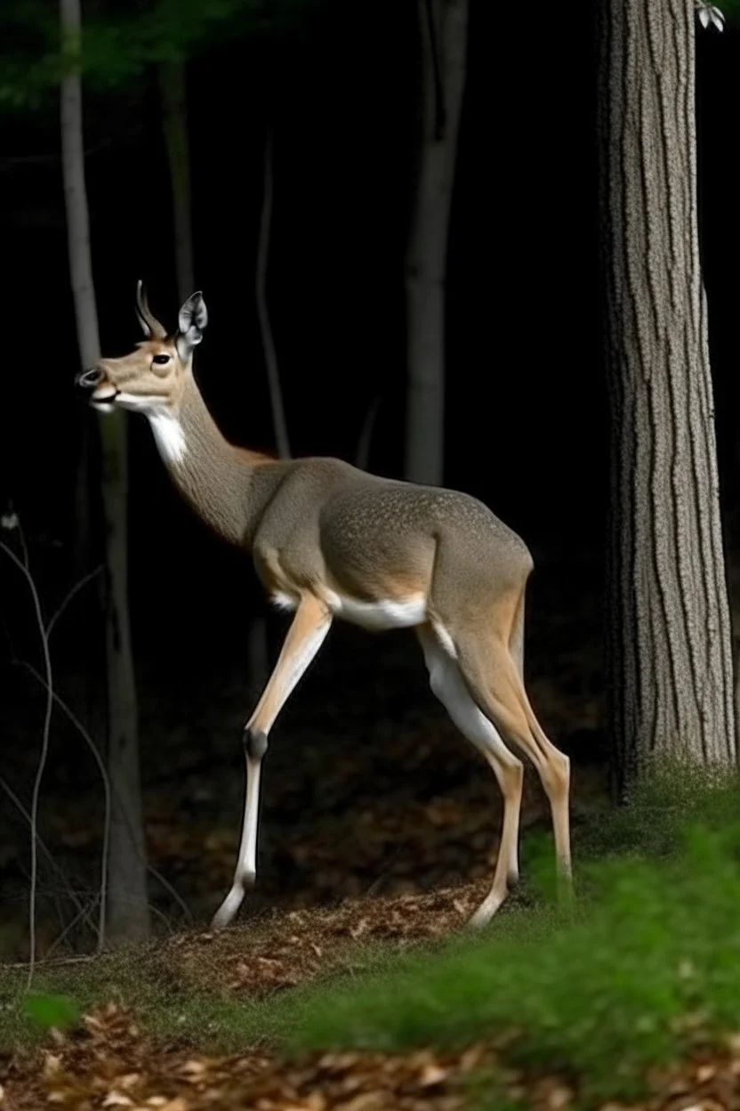 deer, Legs bent backwards, Barrel chested/bloated abdomen, Emaciation, Eyes belonging to unrelated animals, Forward-facing eyes, General bodily disfigurement, on hind legs,