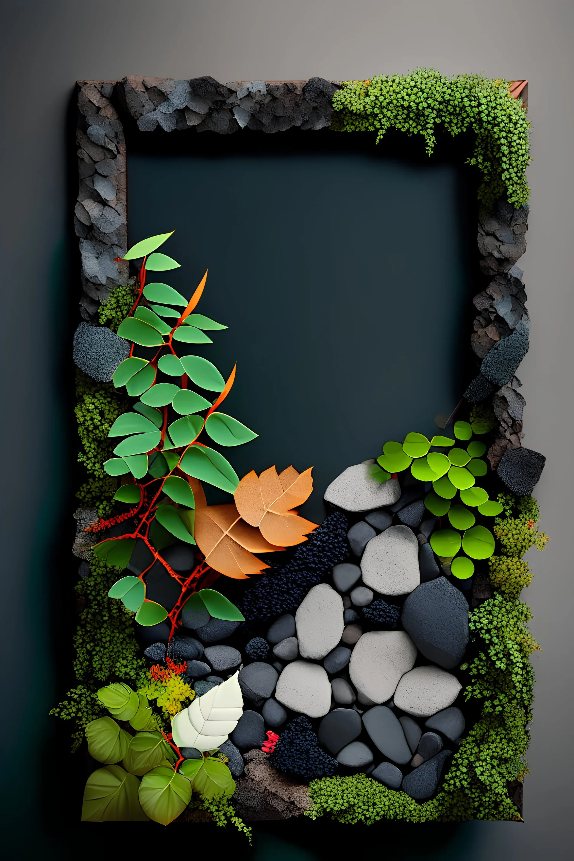 decorative wall frame made of foliage, leaves and small volcanic stones ikebana style with a background in contrasting colors