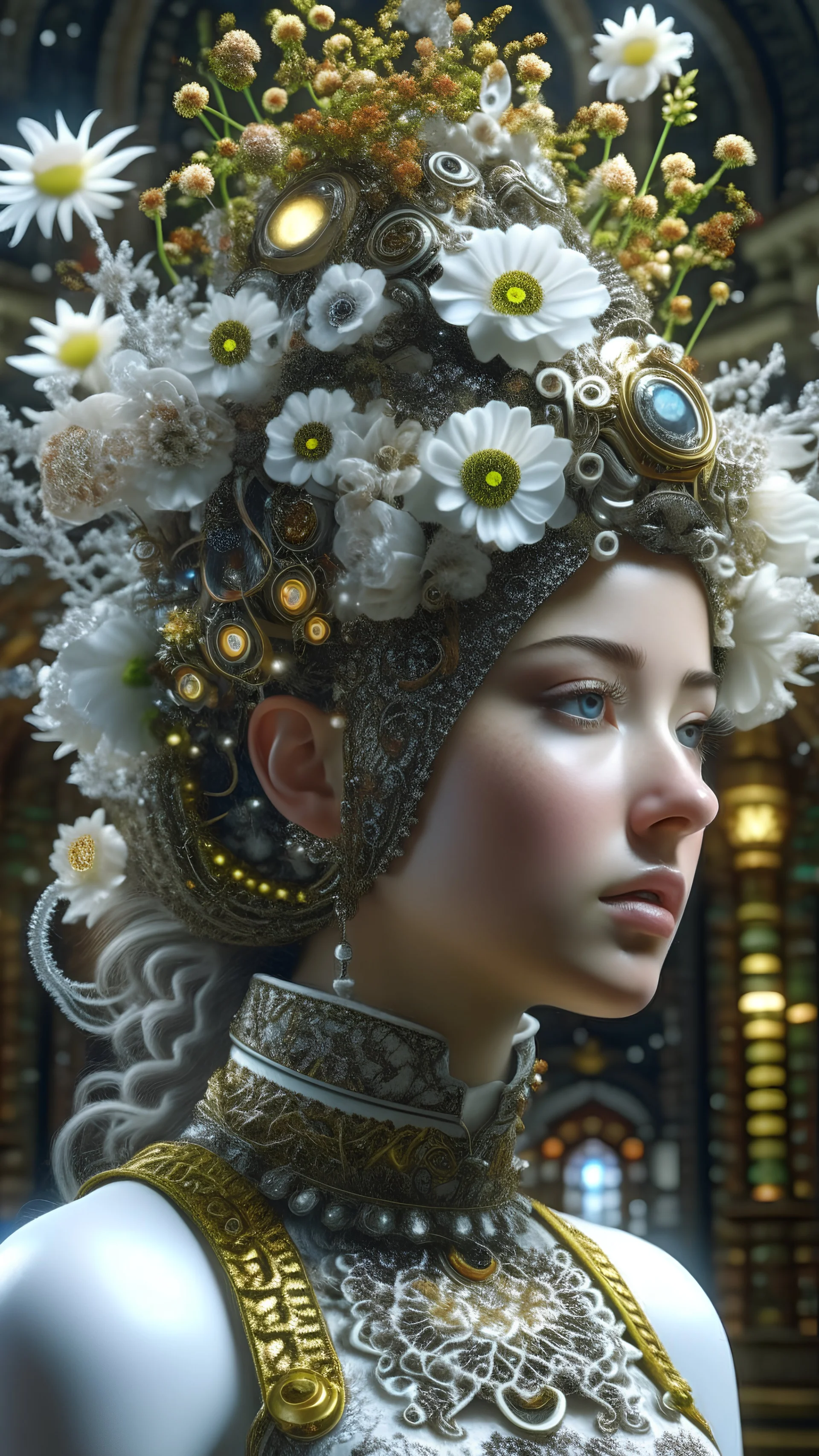 Faire. little fusion pojatti realistic steampunk, fractal isometrics details bioluminescens : a stunning realistic photograph italian character beautiful awesome with big white flowers tiara of wet bone structure, 3d render, octane render, intricately detailed, titanium decorative headdress, cinematic, trending on artstation | Isometric | Centered hipereallistic cover photo awesome full color, , hand drawn, dark, gritty, realistic mucha, klimt, erte .12k, intricate. hight definition , c