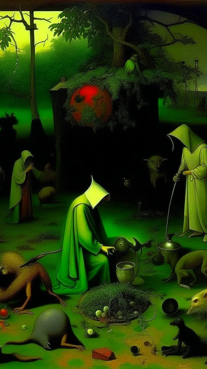 some mysterious figures, odd background, cinematic, Hieronymus Bosch, Max Ernst, vegetal life, rotten, ambient light, cry, ritual, surreal, animals