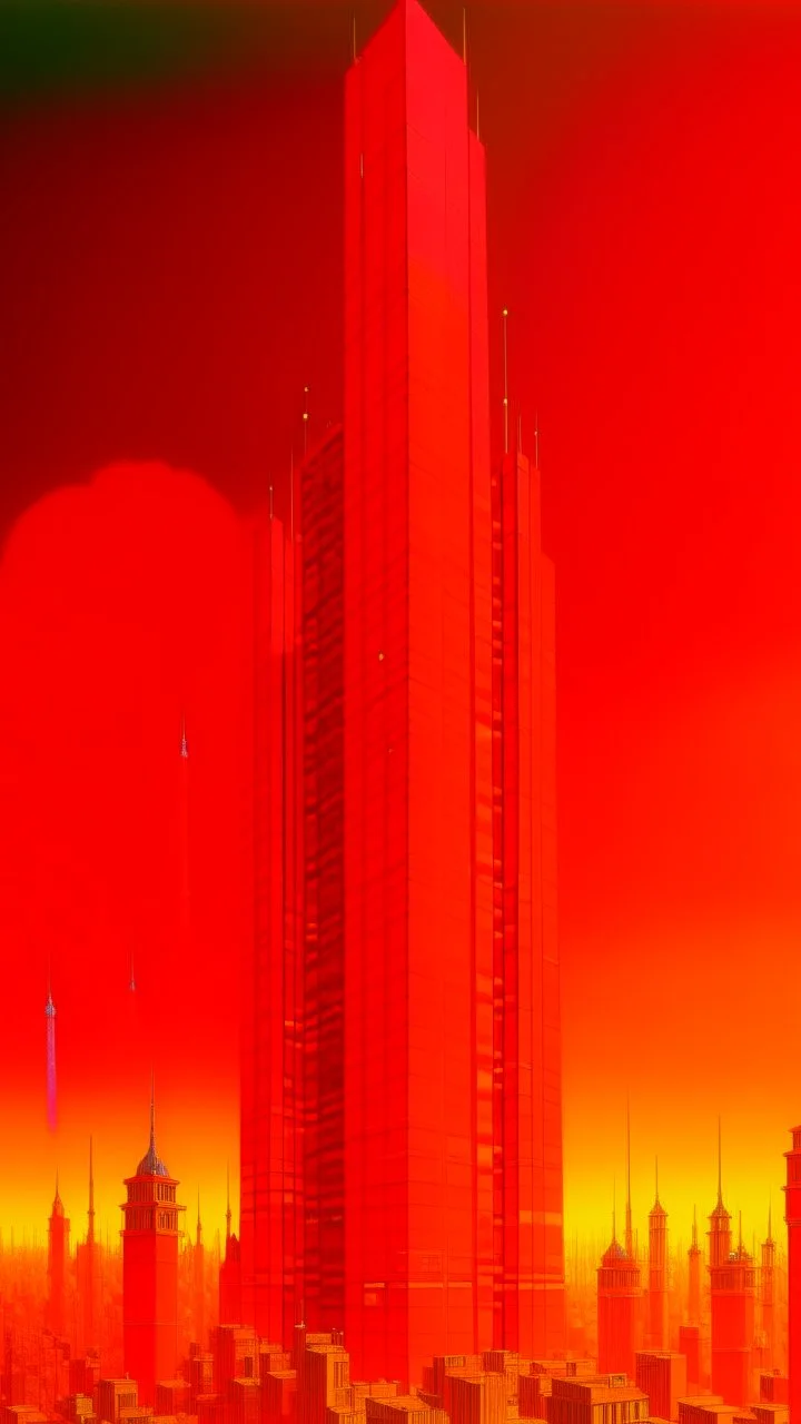 Orangish red towers in the fireworks sky painted by Frank Lloyd Wright