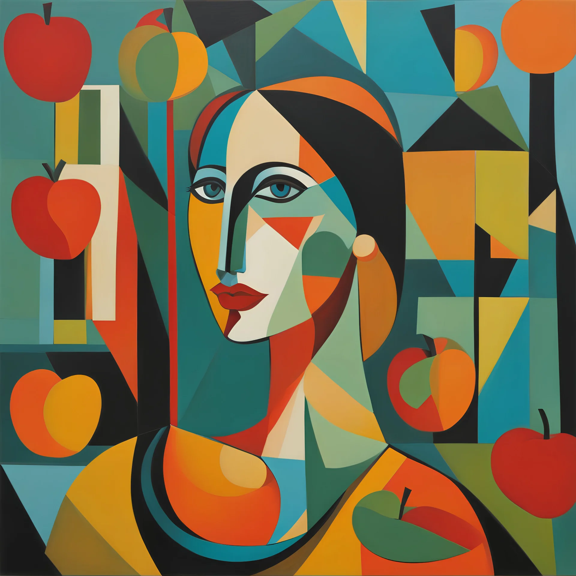 A vibrant and abstract painting inspired by Picasso's Precubist style, featuring a woman with apples. The woman's portrait is a combination of geometric shapes in bold hues of orange, turquoise, yellow, and black, creating a stylized and almost cubist effect. The apples she holds are rendered in a similar fashion, with their forms broken down into geometric components. The background is a blend of abstract shapes and lines, further emphasizing the artistic freedom and creativity of the piece. Th