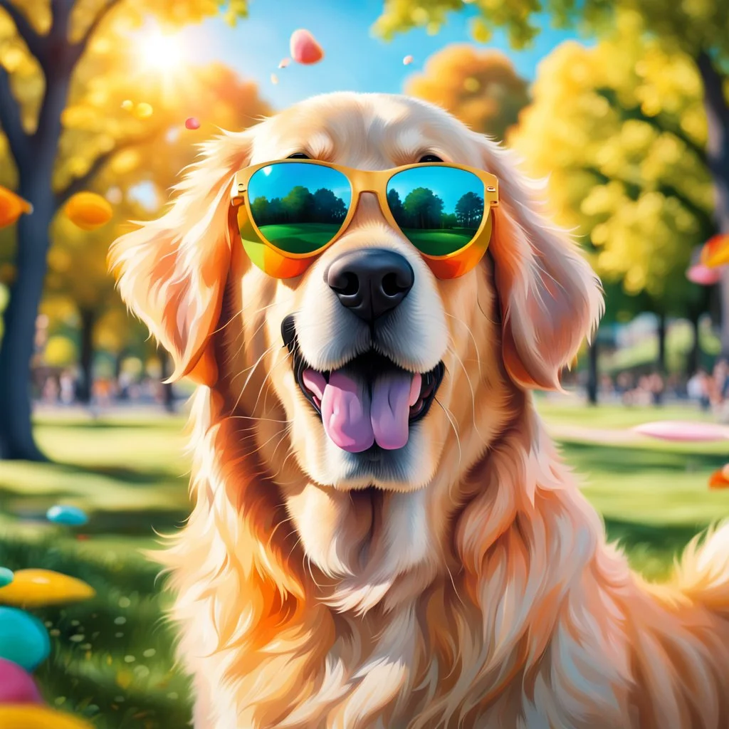 Create a realistic image of a golden retriever with Sunglasses playing in a park, focusing on vibrant colors and a realistic environment.