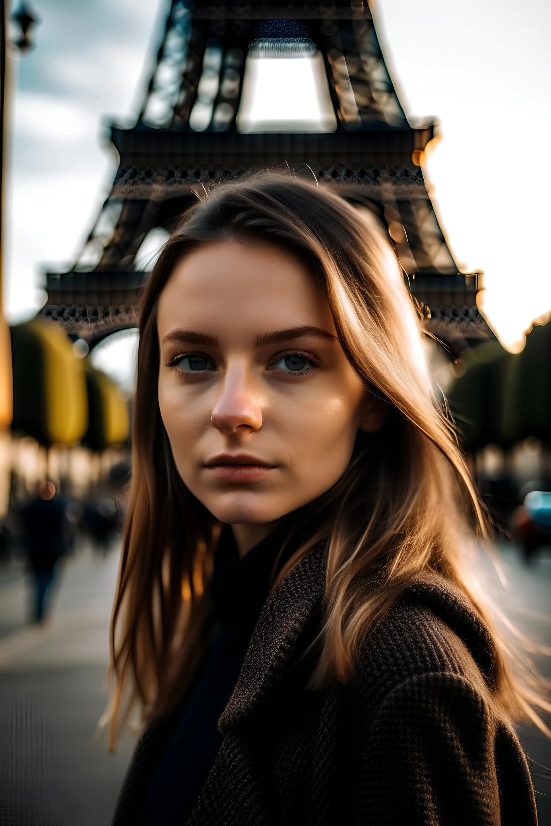 Mujer joven mirando hacia la cámara en una calle de París con la torre Eiffel de fondo.