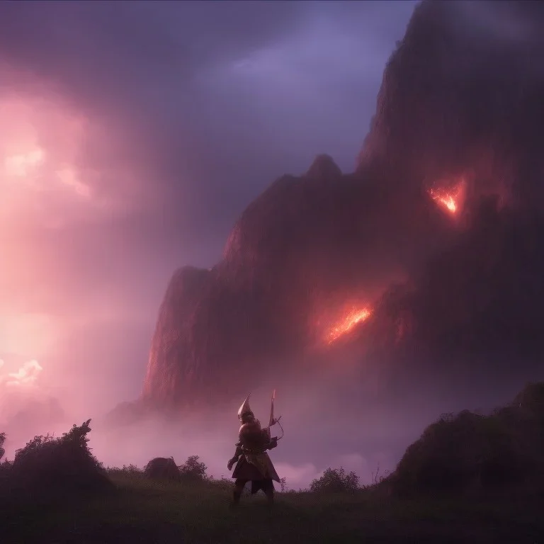 Distant epic scenary. Heavy rain. Epic Lighting in the night sky. Knight with magic scroll in hand. Falling meteorite in the sky. Fireball. Meteorite burning in the distance. Dark, black mud.