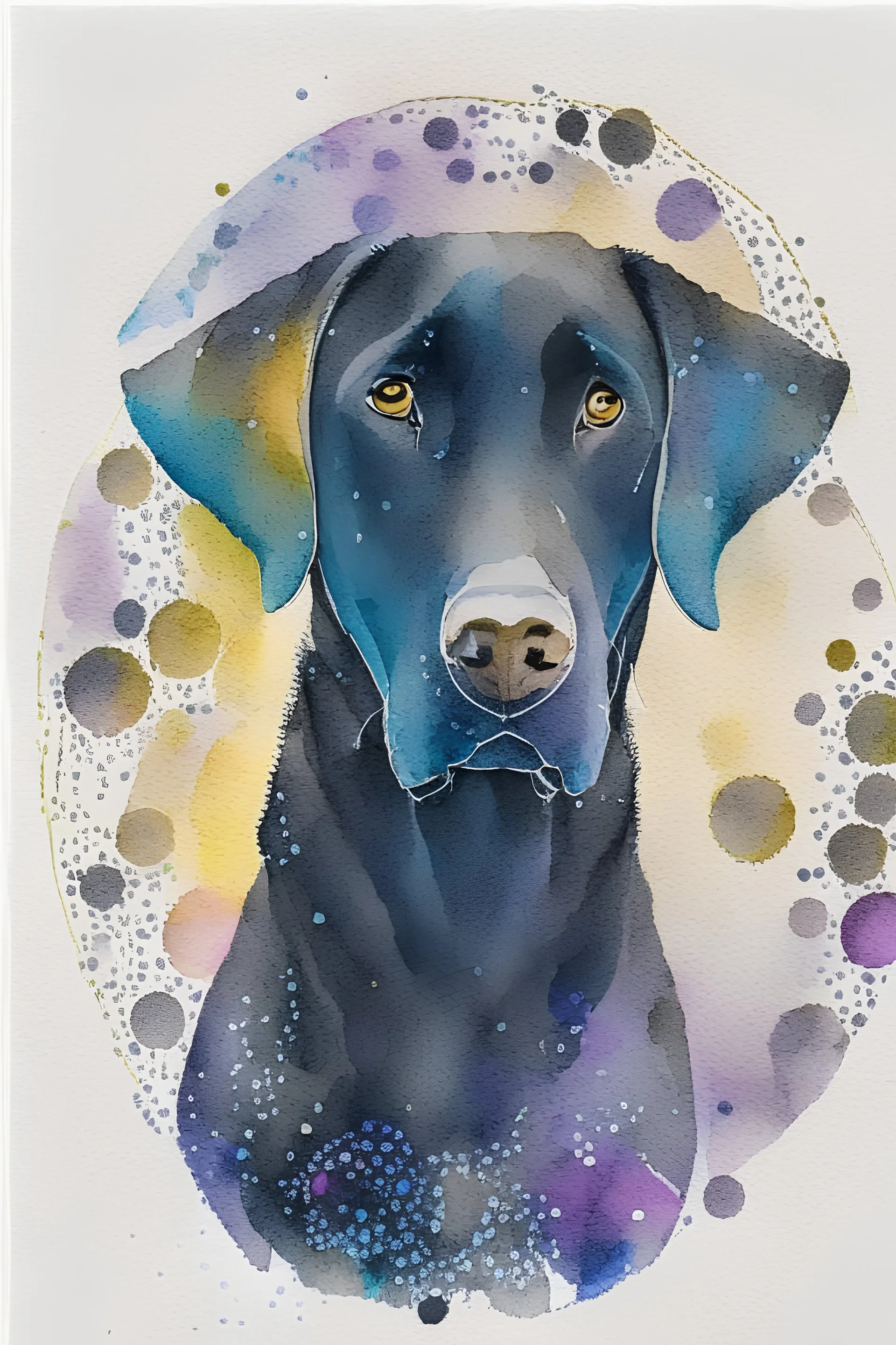 abstract watercolour of a black Labrador dog’s head in the style of Valerie Davide with bifurcated circles