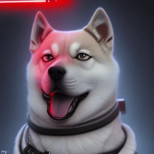 darth shiba inu sith lord with a red light saber glowing