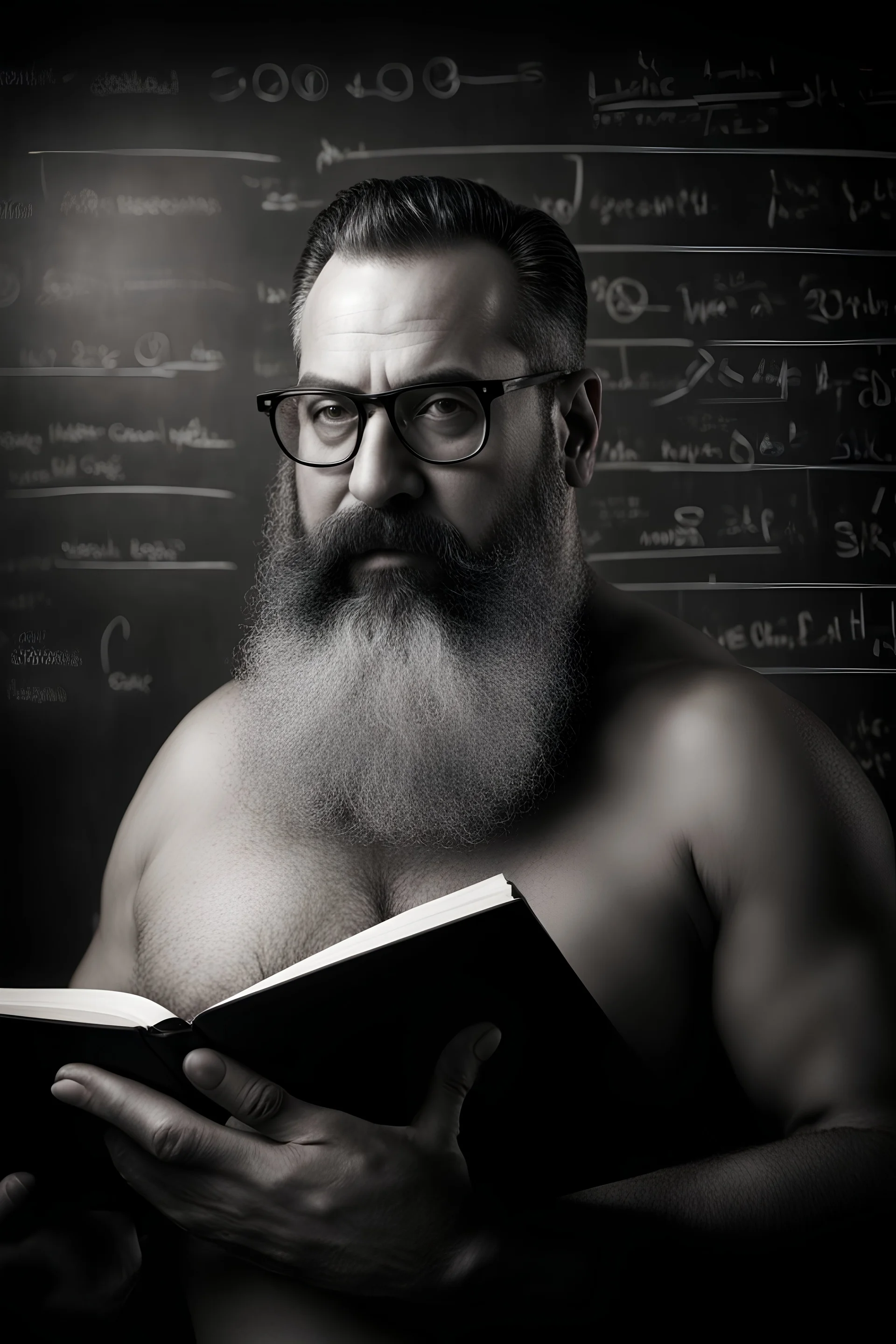 half figure shot photography of a turkish bearded chubby shirtless barechested 44 years old professor in thick glasses, big shoulders, manly chest, standing by completely writed blackboard , front view from the ground, photorealistic, ambient occlusion, side light