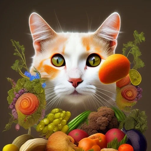 Cat head vegetables fish like Arcimboldo black background