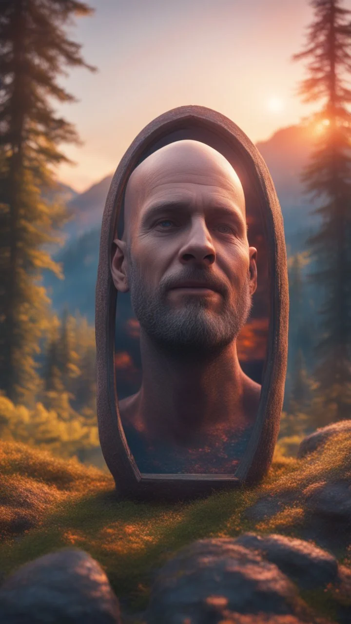 very detailed wanted poster, spray paint, body with dark outline, portrait of bald man inside snail house psychedelic sunset in carpathians montains sun set ,bokeh like f/0.8, tilt-shift lens 8k, high detail, smooth render, down-light, unreal engine, prize winning