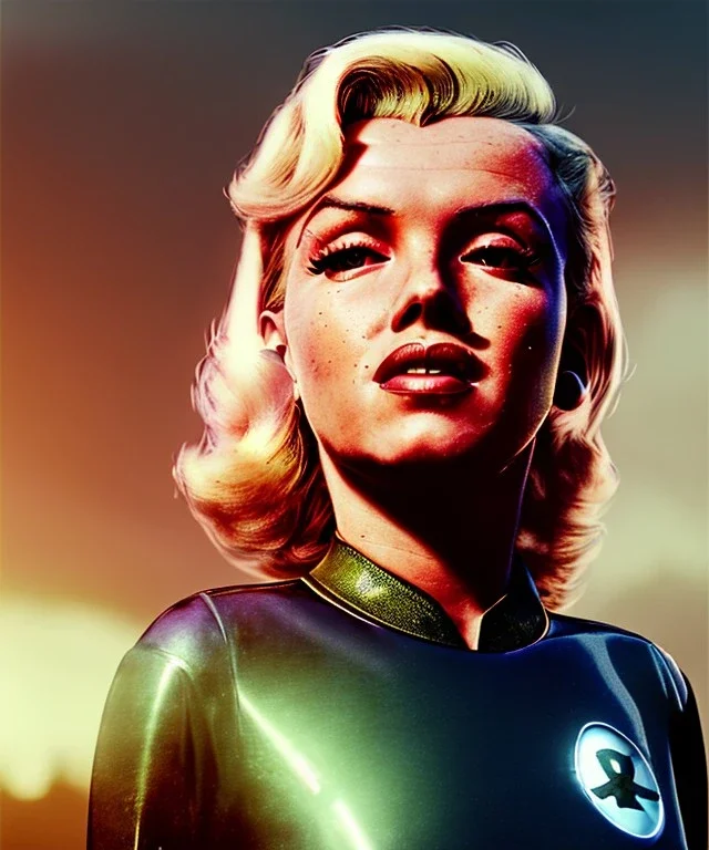 Ultra Realistic retro sci-fi 1960 scene, waist up view portrait, blonde woman, sweet young Marilyn Monroe face, perfect iris, tight latex coat, Strange planet background, Retro sci-fi style glass helmet, fog, rain, soft color, highly detailed, unreal engine 5, ray tracing, RTX, lumen lighting, ultra detail, volumetric lighting, 3d, finely drawn, high definition, high resolution.