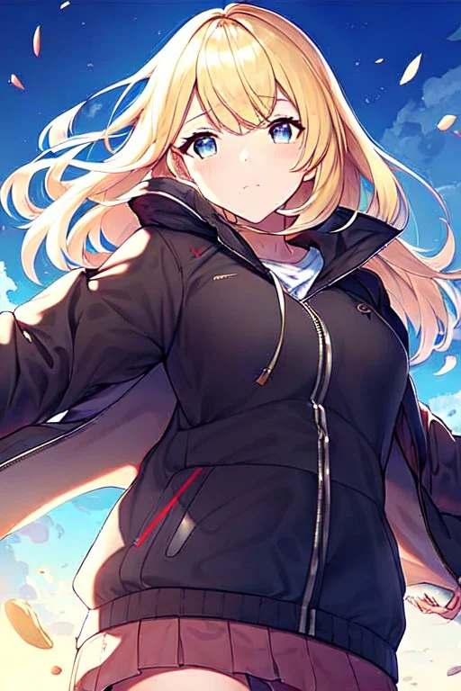 blonde girl falls with jacket fall from the sky, sky falling