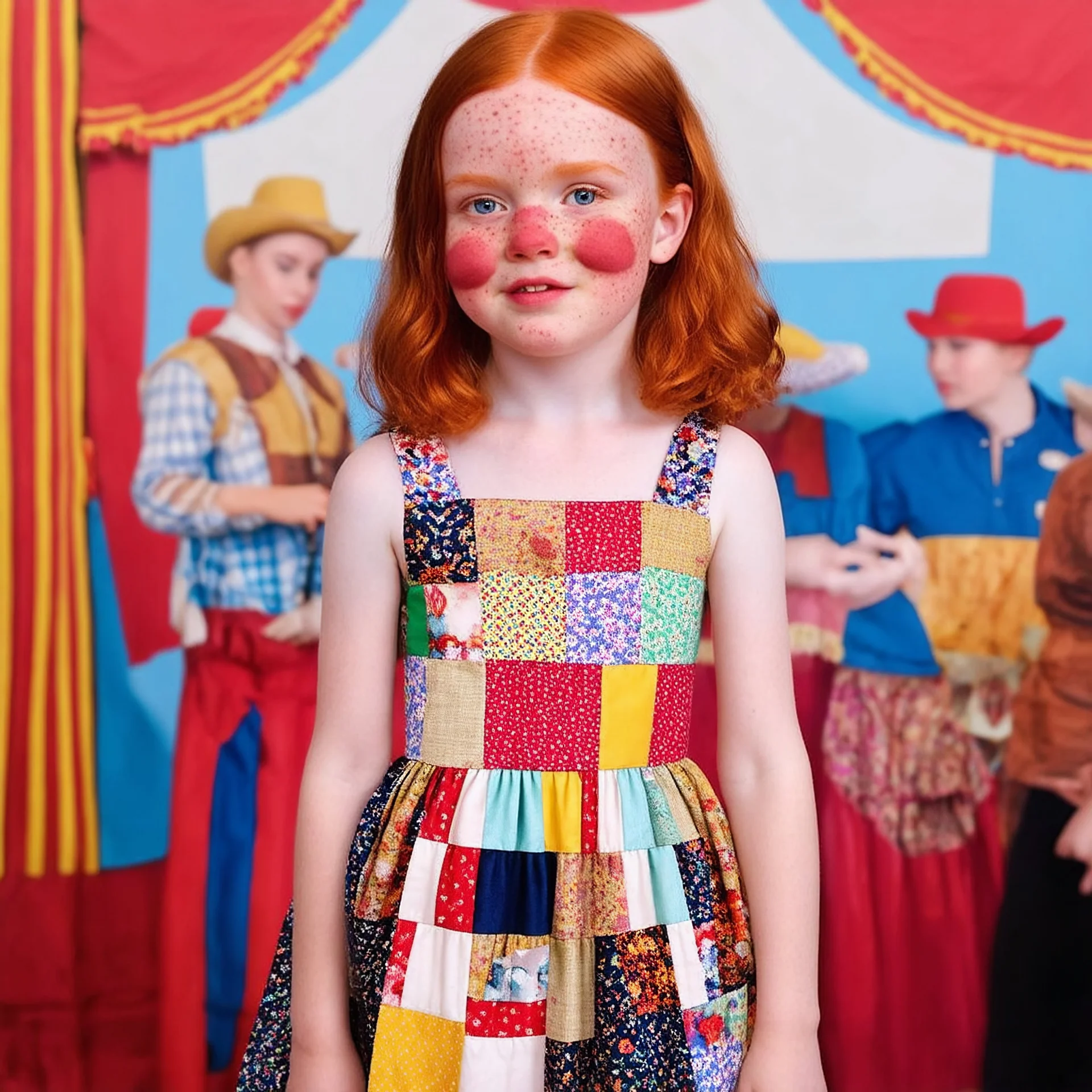 Patchwork dress, beautiful sadie sink with rosy cheeks and freckles, at the circus