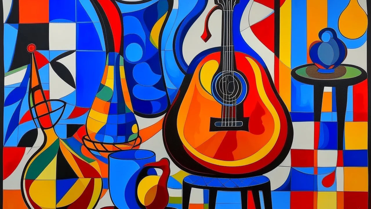 Still life composition with abstract shapes and vibrant colors, featuring objects such as a chair, a jug, and possibly a musical instrument on a patterned background