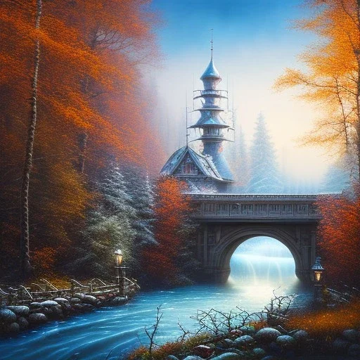 white horses on the bridge,evening, hawk eye view, spray painted fantasy art, book illustration,the stairs of a bridge or dam in magical forest,autumn icy water